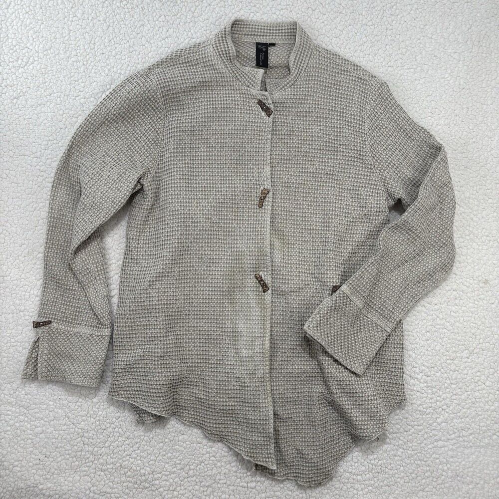 Focus Causal Life Sweater Sz S Tan Waffle Knit Cardigan Lagenlook Toggle Button